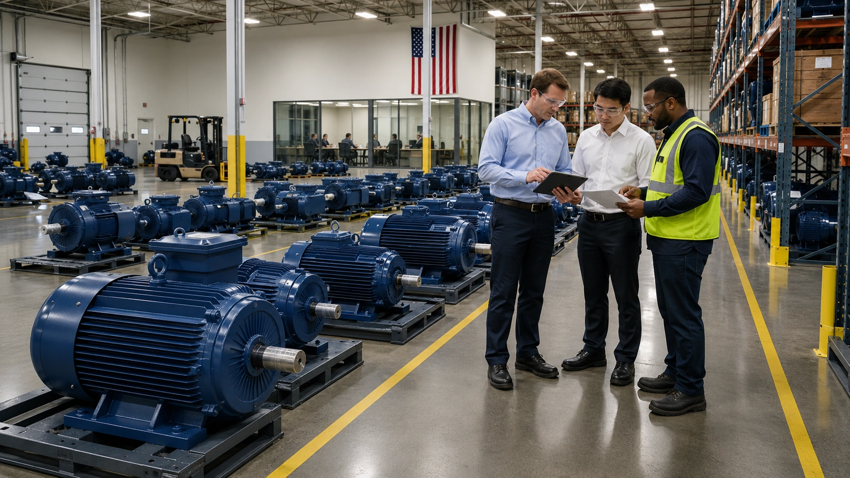 HD Hyundai Electric motors staged in a U.S. warehouse with staff reviewing inventory