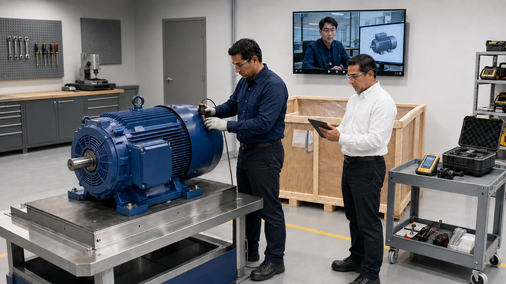 Technicians inspecting an HD Hyundai Electric motor in a service and warranty workshop
