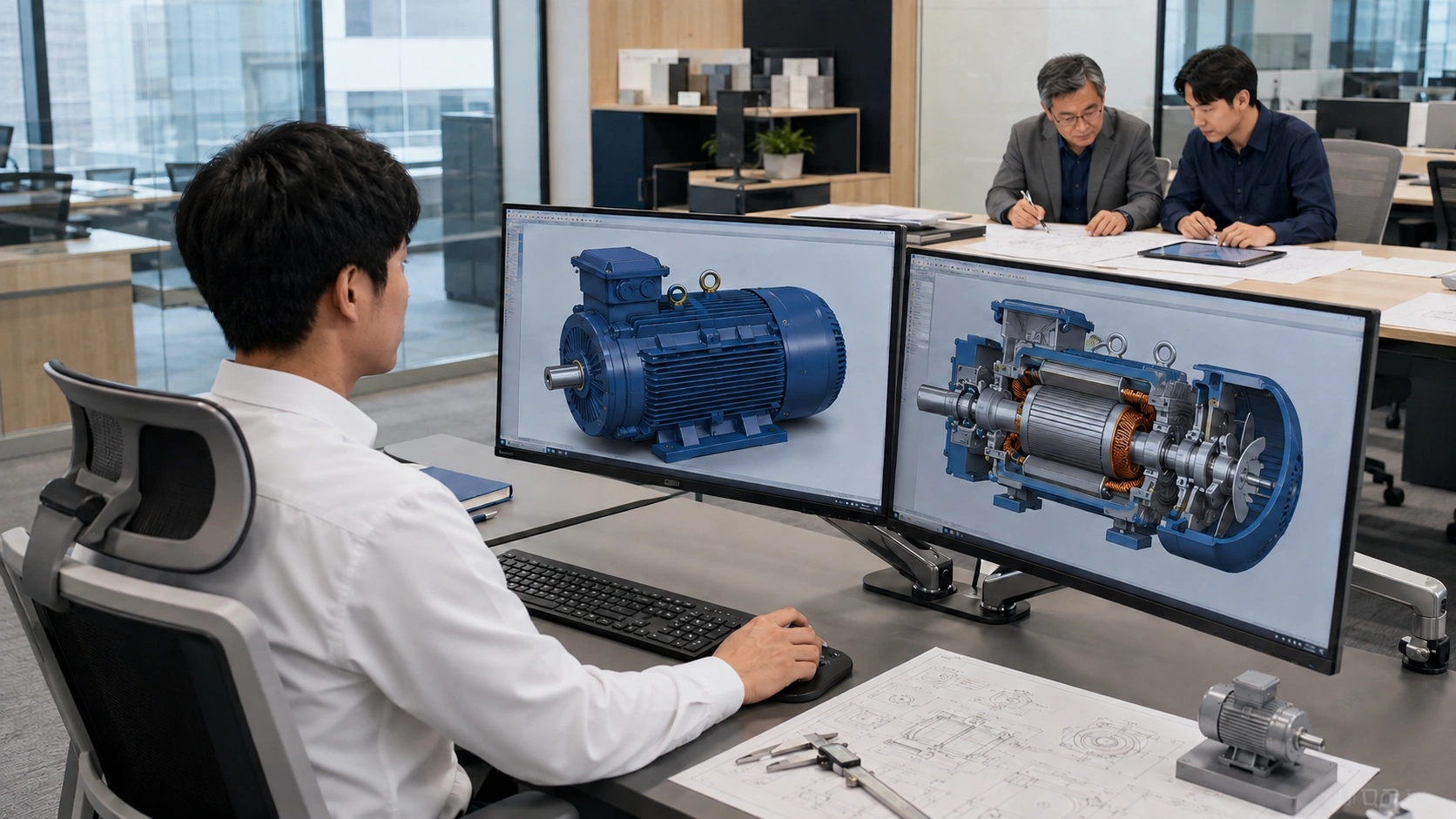 HD Hyundai Electric engineers reviewing 3D electric motor designs on CAD workstations