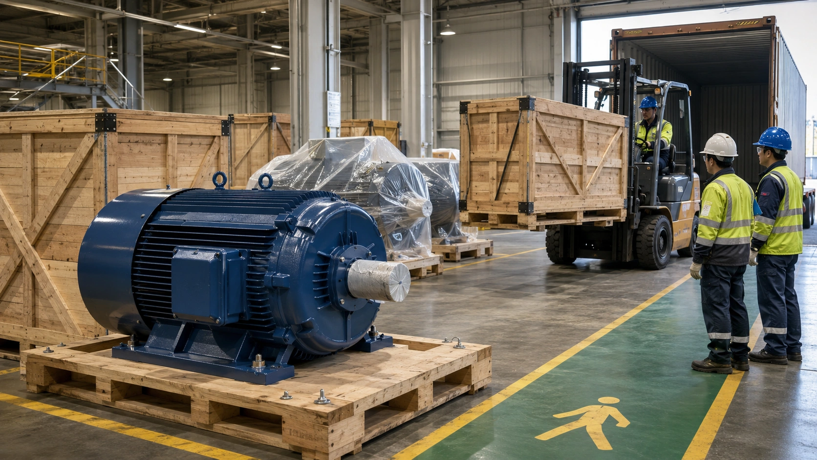 Crated HD Hyundai Electric motors being loaded for export at a manufacturing facility